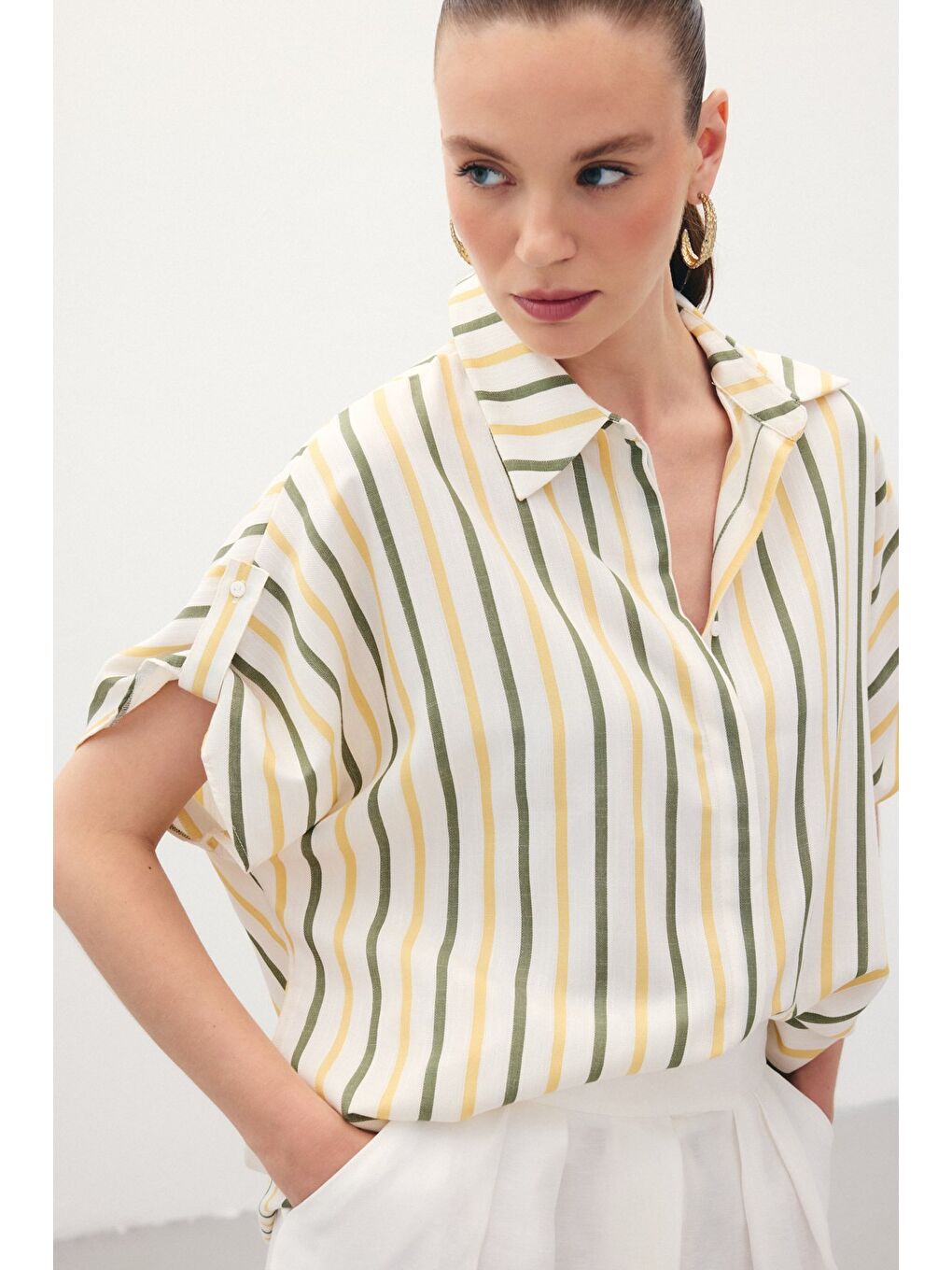 Keten Karışımlı Çizgili Gömlek - Haki-4