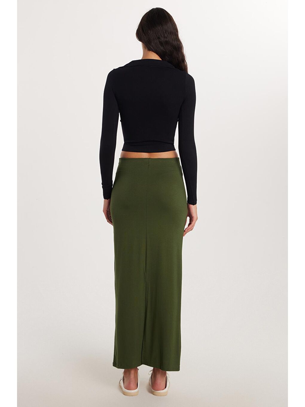 Kadın Standart Fit Modal Kumaş Yeşil Maxi Boy Etek-4