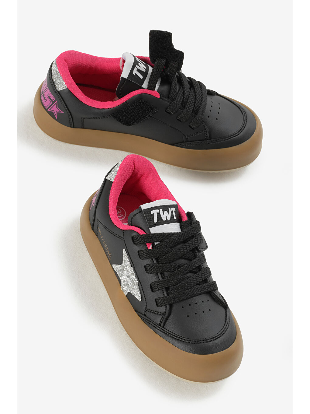 Çocuk Unisex Siyah Gümüş Termo Taban Yıldız Detaylı Bağcıklı ve Cırtlı Spor Ayakkabı-2