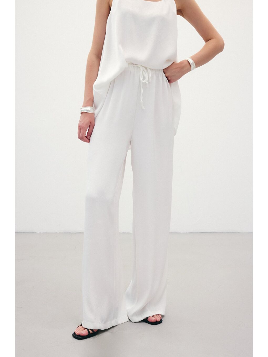 Bağcıklı Salaş Pantolon - Ekru-4