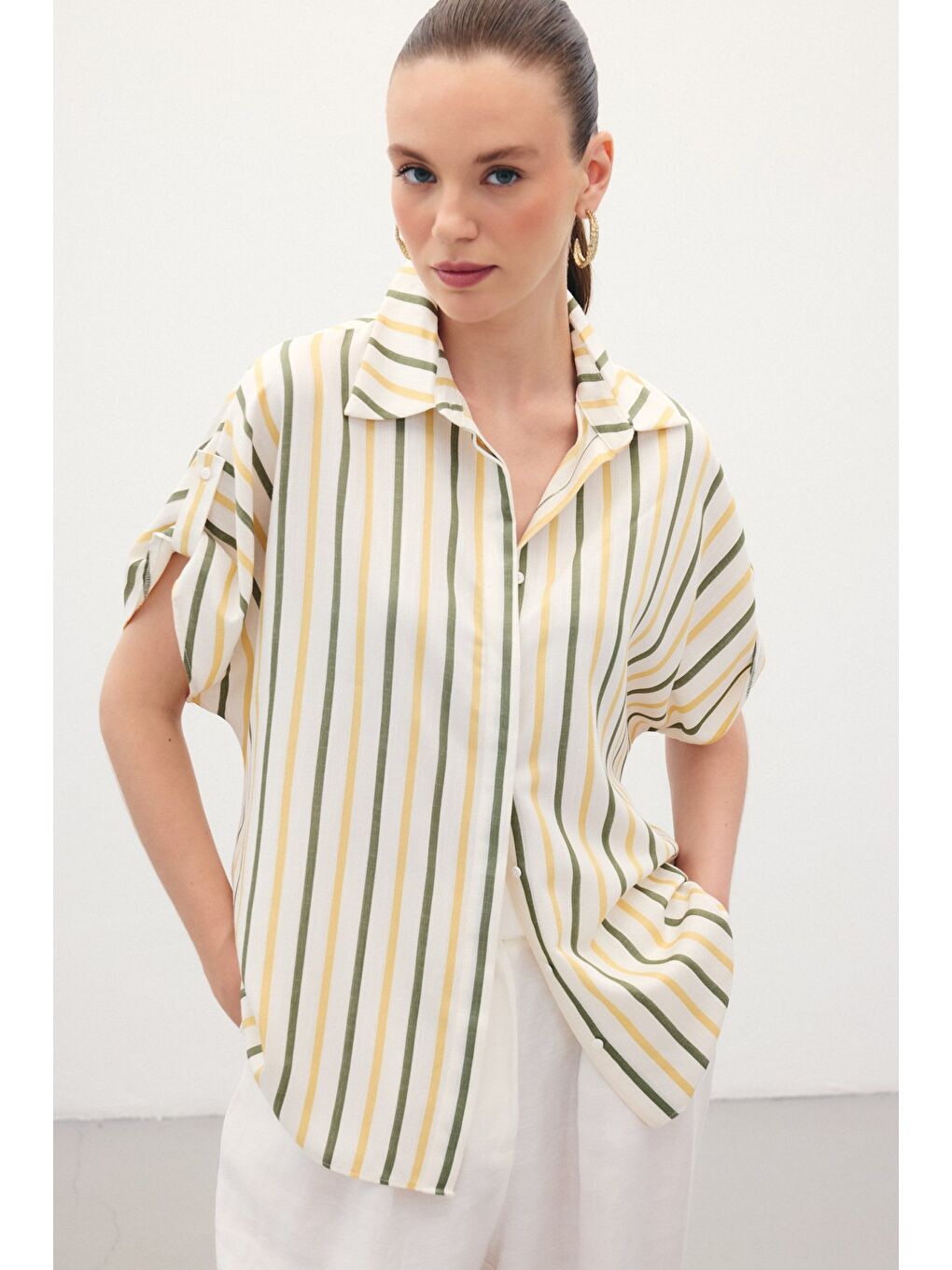 Keten Karışımlı Çizgili Gömlek - Haki-5