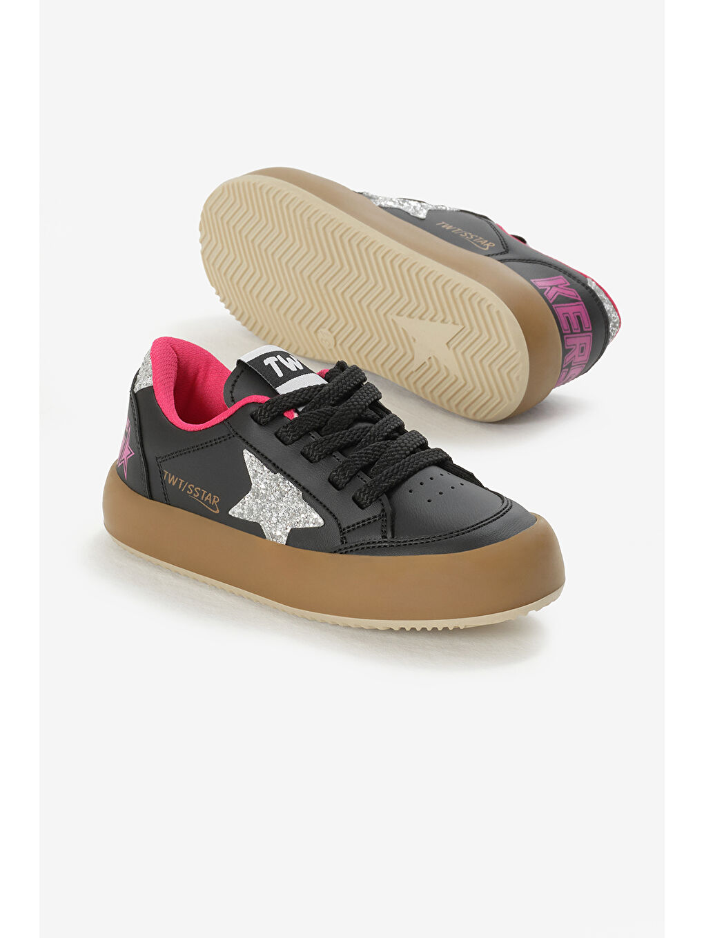 Çocuk Unisex Siyah Gümüş Termo Taban Yıldız Detaylı Bağcıklı ve Cırtlı Spor Ayakkabı-3