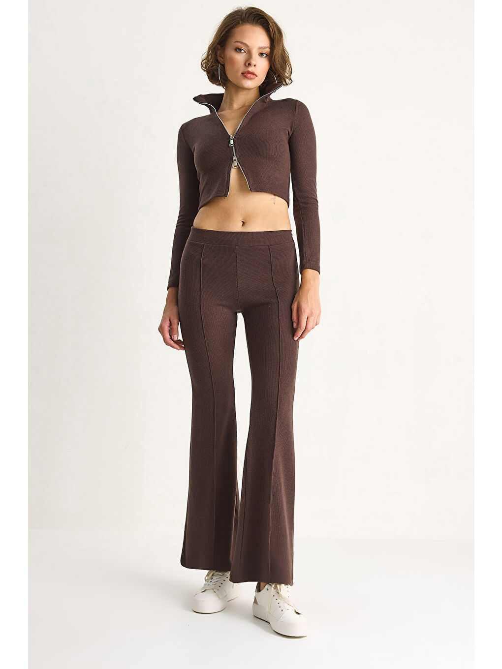 Kahverengi Kadın Fitilli Örme Kumaş Çift Fermuar Detaylı Balıkçı Yaka Alt-Üst Takım