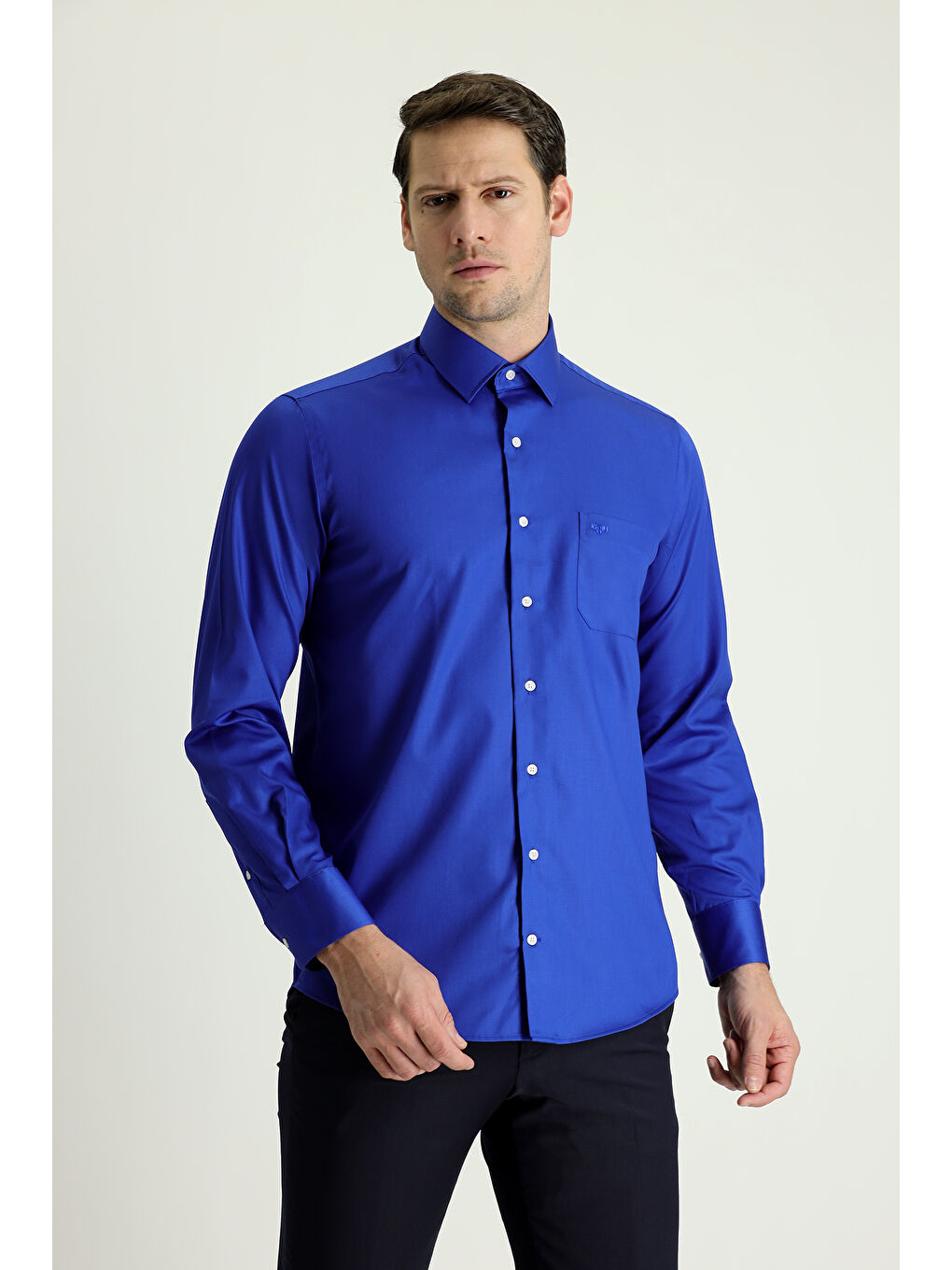 Mavi Uzun Kol Non Iron Saten Klasik Pamuklu Gömlek