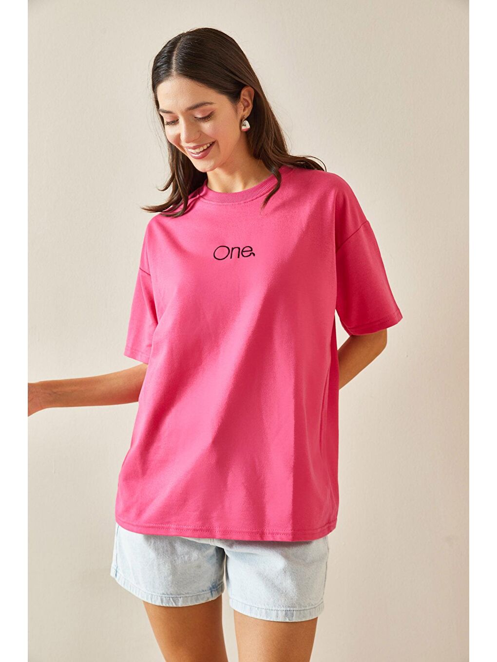 XHAN Fuşya Bisiklet Yaka Yazılı Oversize Tshirt 5YXK1-48703-07 - 2