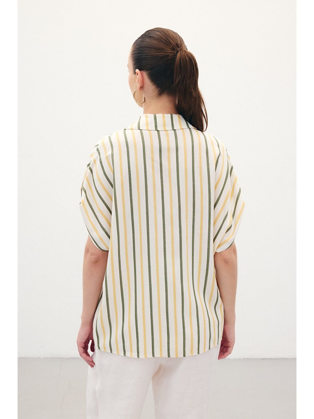 Keten Karışımlı Çizgili Gömlek - Haki-6