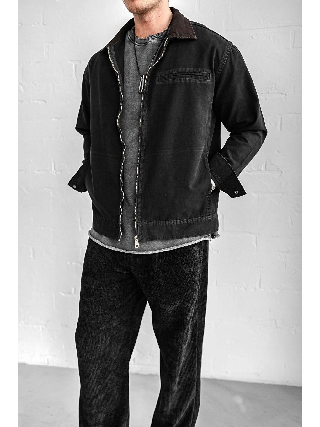 Erkek Kontrast Yakalı Regular Fit Denim Ceket Siyah