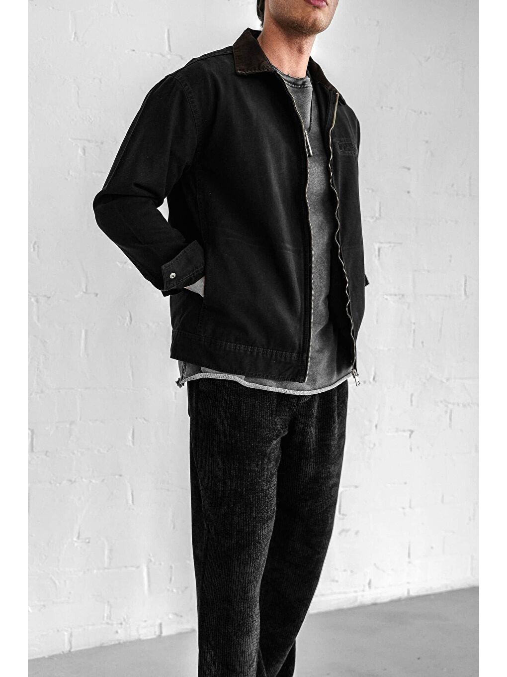 Erkek Kontrast Yakalı Regular Fit Denim Ceket Siyah-1