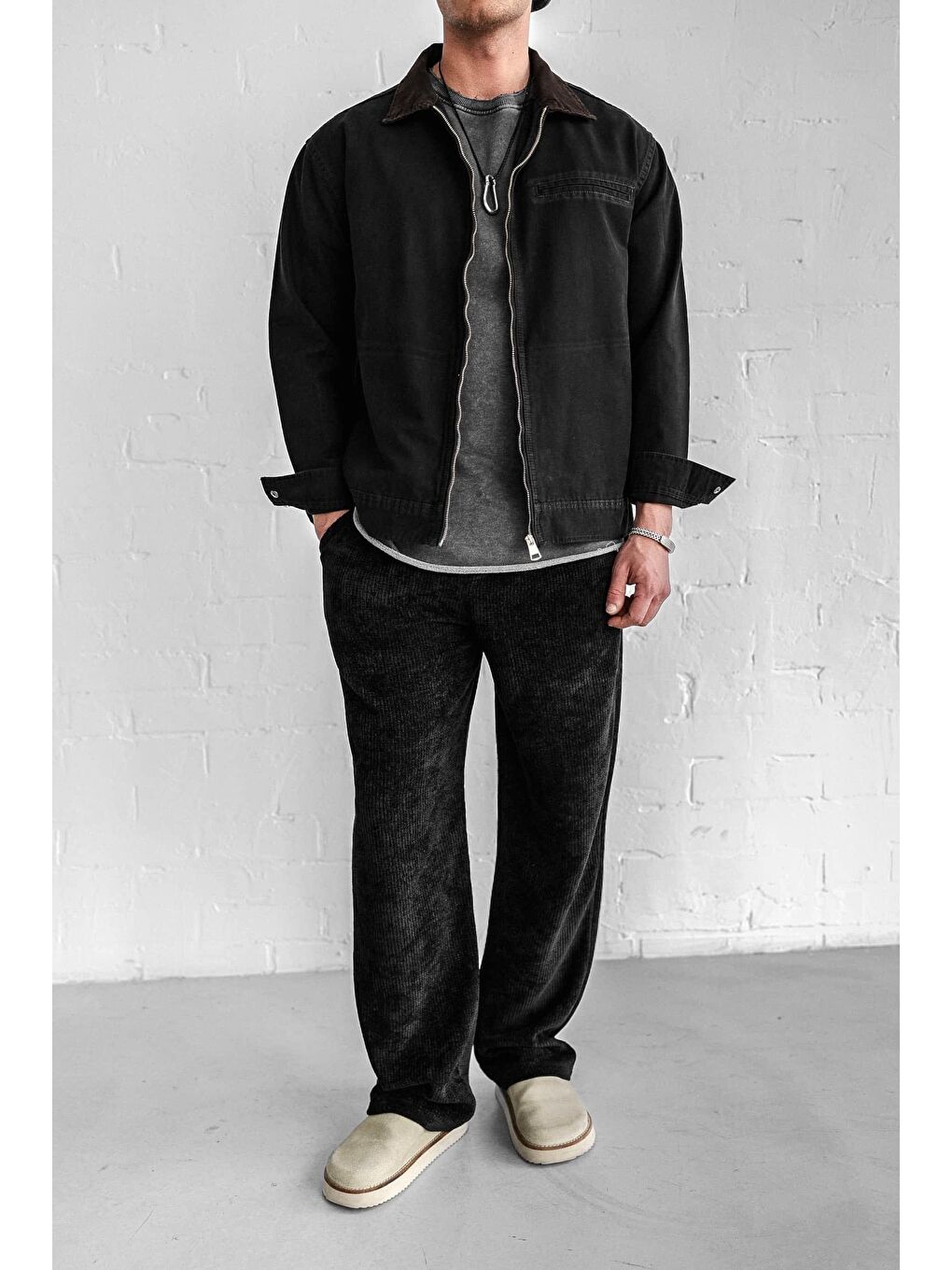 Erkek Kontrast Yakalı Regular Fit Denim Ceket Siyah-2