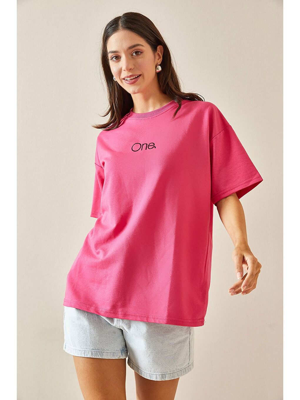 XHAN Fuşya Bisiklet Yaka Yazılı Oversize Tshirt 5YXK1-48703-07 - 3