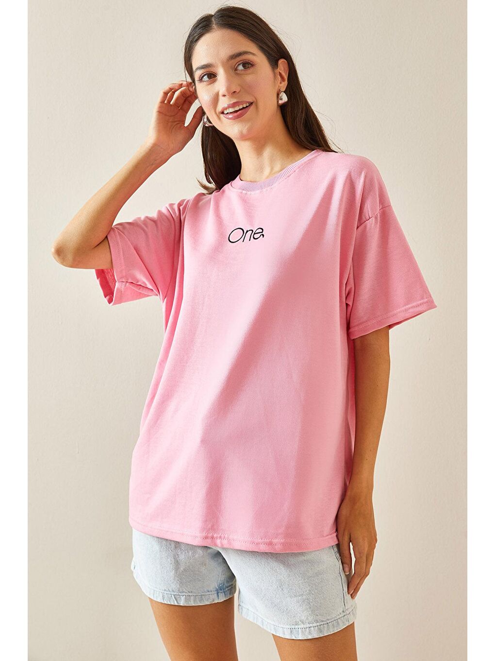 XHAN Pembe Bisiklet Yaka Yazılı Oversize Tshirt 5YXK1-48703-20