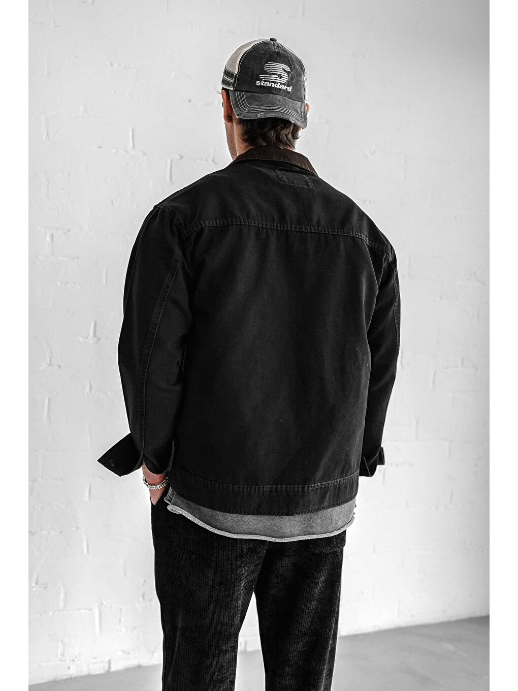 Erkek Kontrast Yakalı Regular Fit Denim Ceket Siyah-3