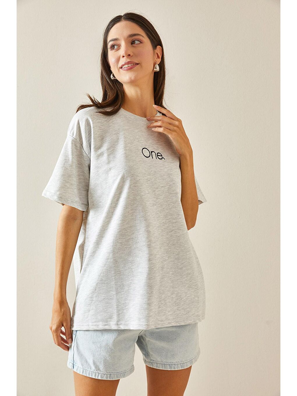 XHAN Gri Bisiklet Yaka Yazılı Oversize Tshirt 5YXK1-48703-03 - 3