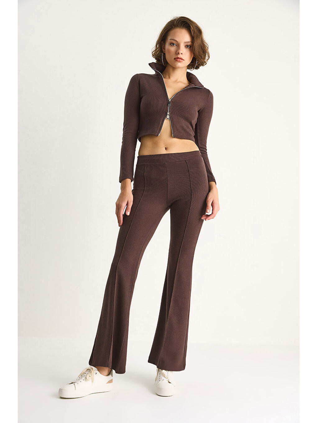 Kahverengi Kadın Fitilli Örme Kumaş Çift Fermuar Detaylı Balıkçı Yaka Alt-Üst Takım-1