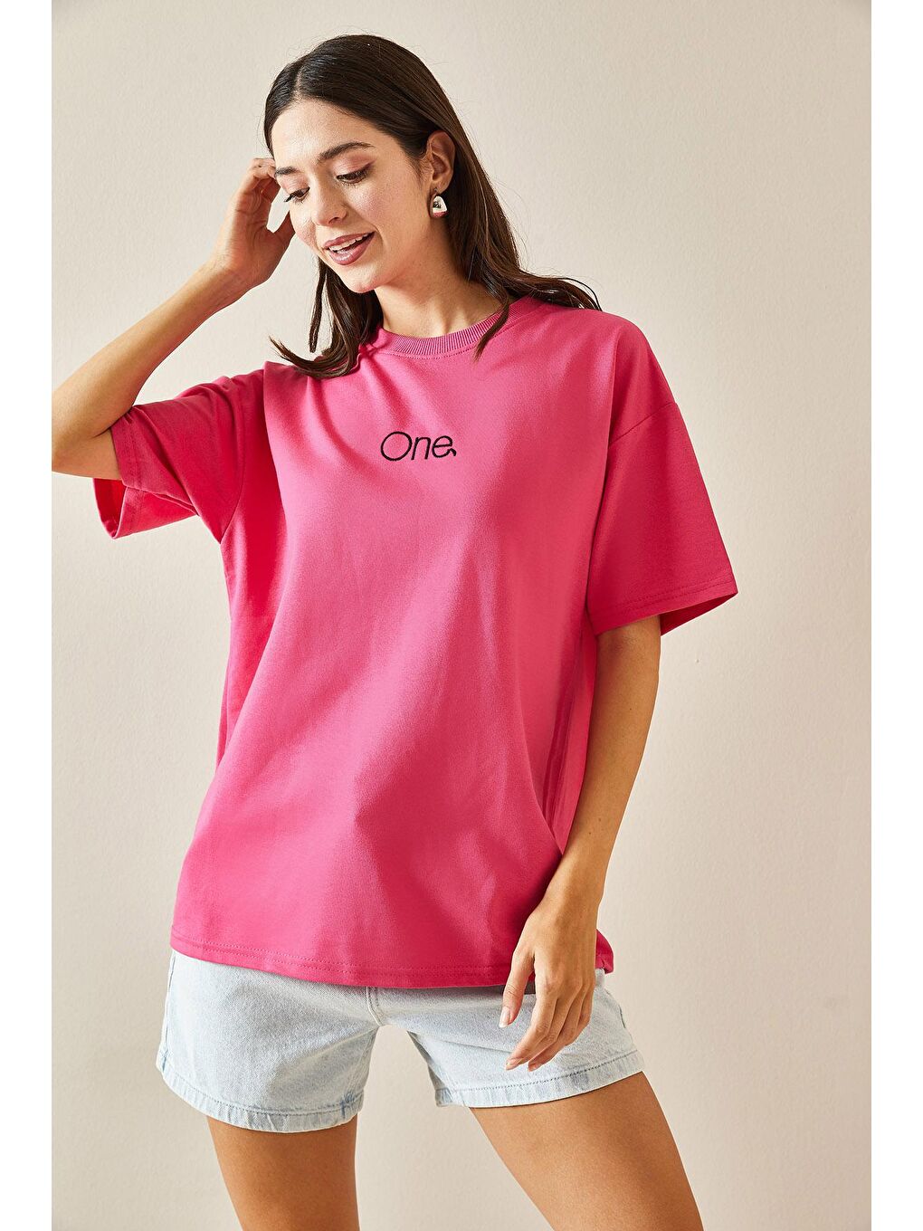 XHAN Fuşya Bisiklet Yaka Yazılı Oversize Tshirt 5YXK1-48703-07 - 4