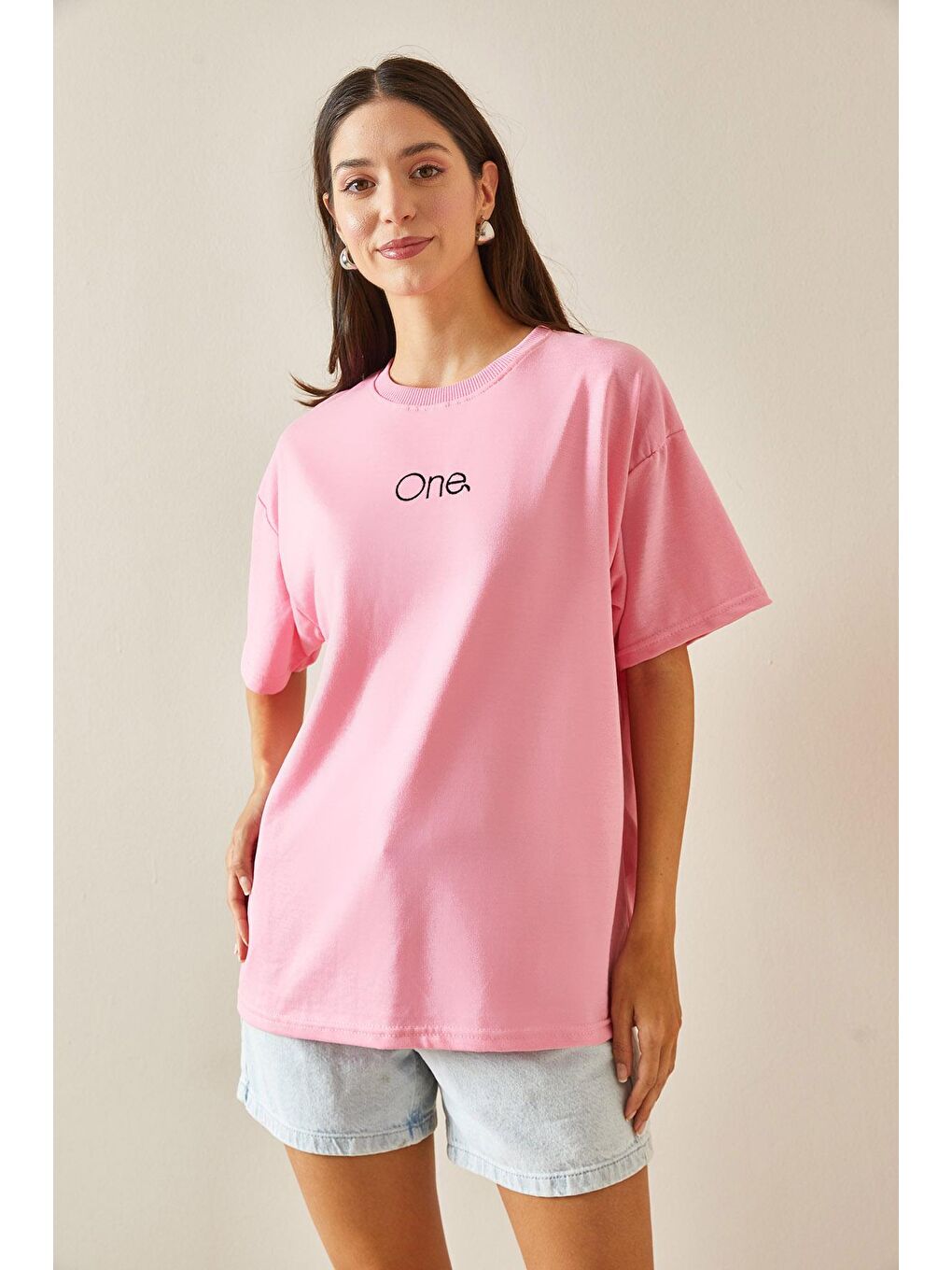 XHAN Pembe Bisiklet Yaka Yazılı Oversize Tshirt 5YXK1-48703-20 - 1