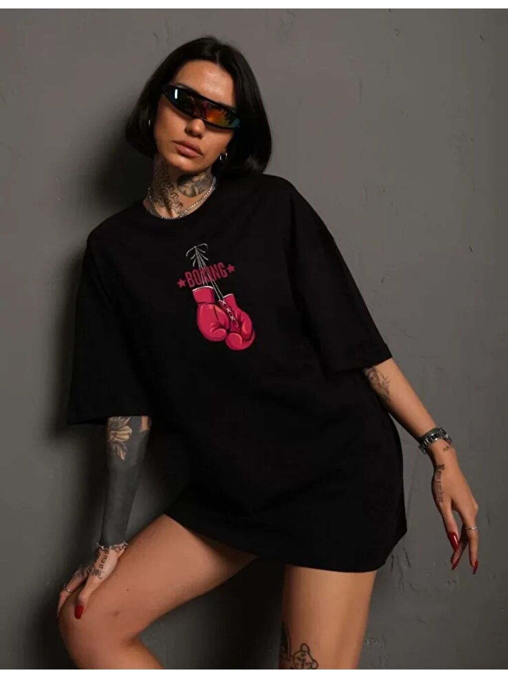 Unisex Bisiklet Yaka Baskılı Oversize T-Shirt - Siyah