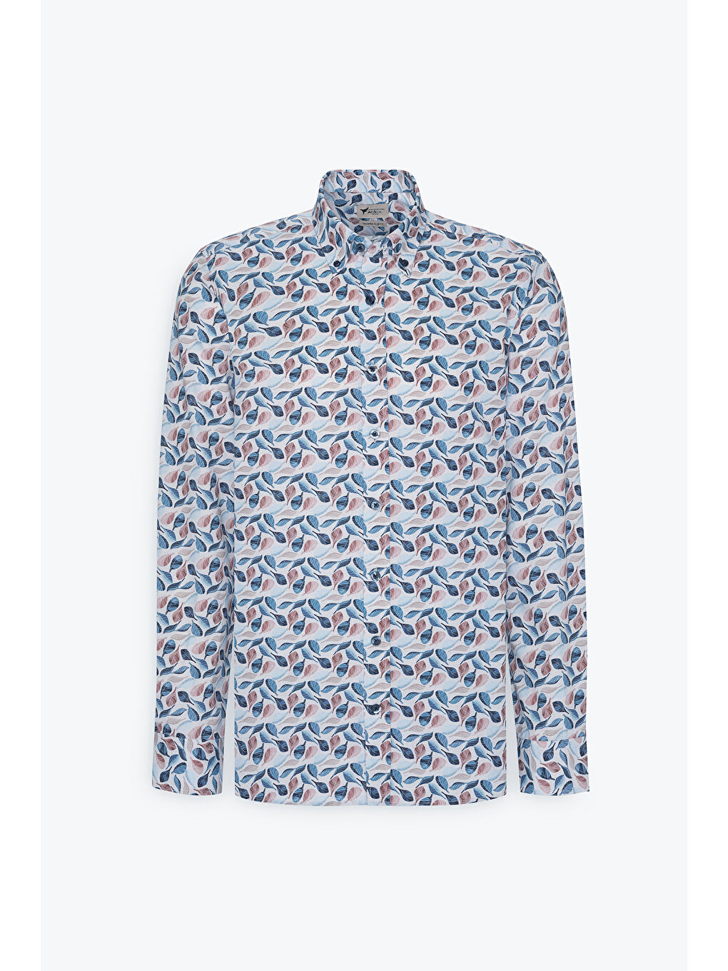 Erkek Bej-Mavi %100 Pamuk Dar Kesim Düğmeli Yaka Baskılı Gömlek-5