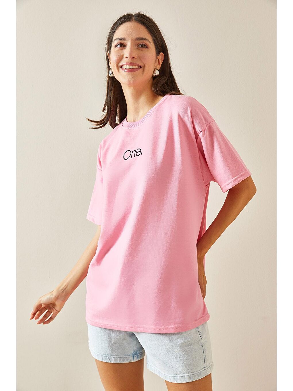 XHAN Pembe Bisiklet Yaka Yazılı Oversize Tshirt 5YXK1-48703-20 - 2