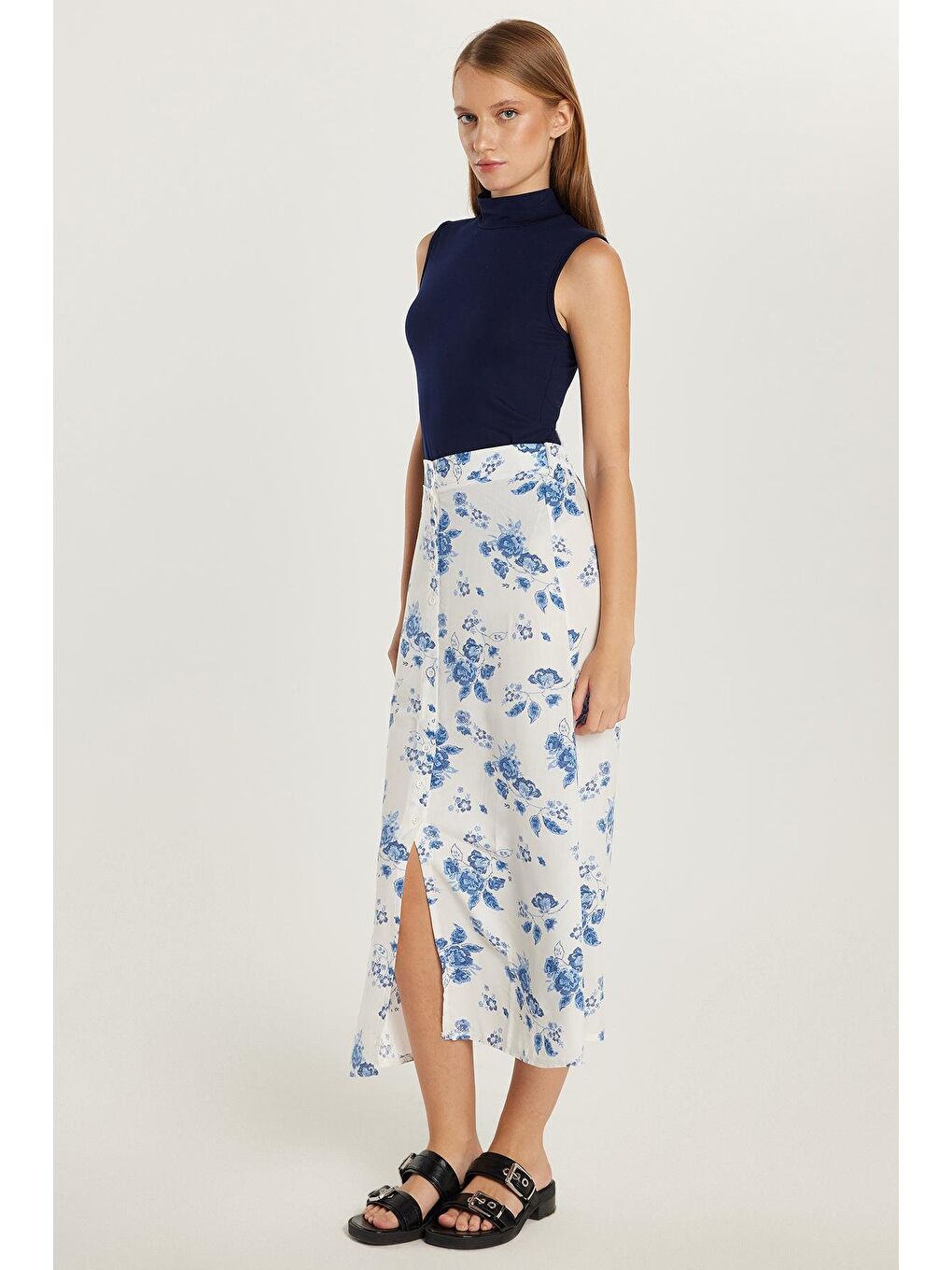 Karışık Kadın Standart Fit Düğmeli Viskon Lastikli Baskılı Midi Boy Etek-1