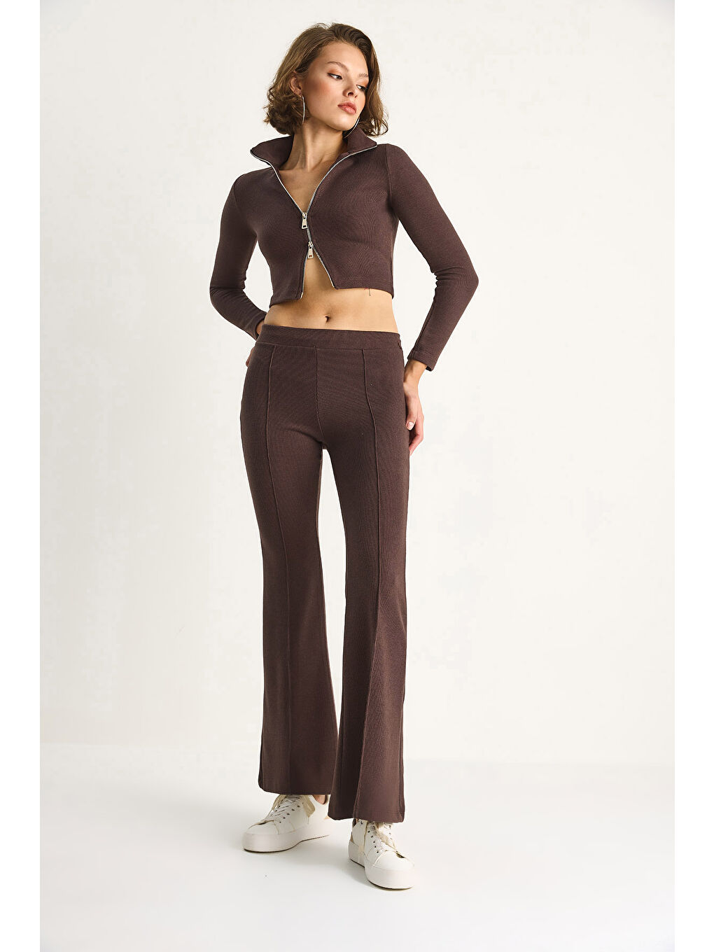 Kahverengi Kadın Fitilli Örme Kumaş Çift Fermuar Detaylı Balıkçı Yaka Alt-Üst Takım-2