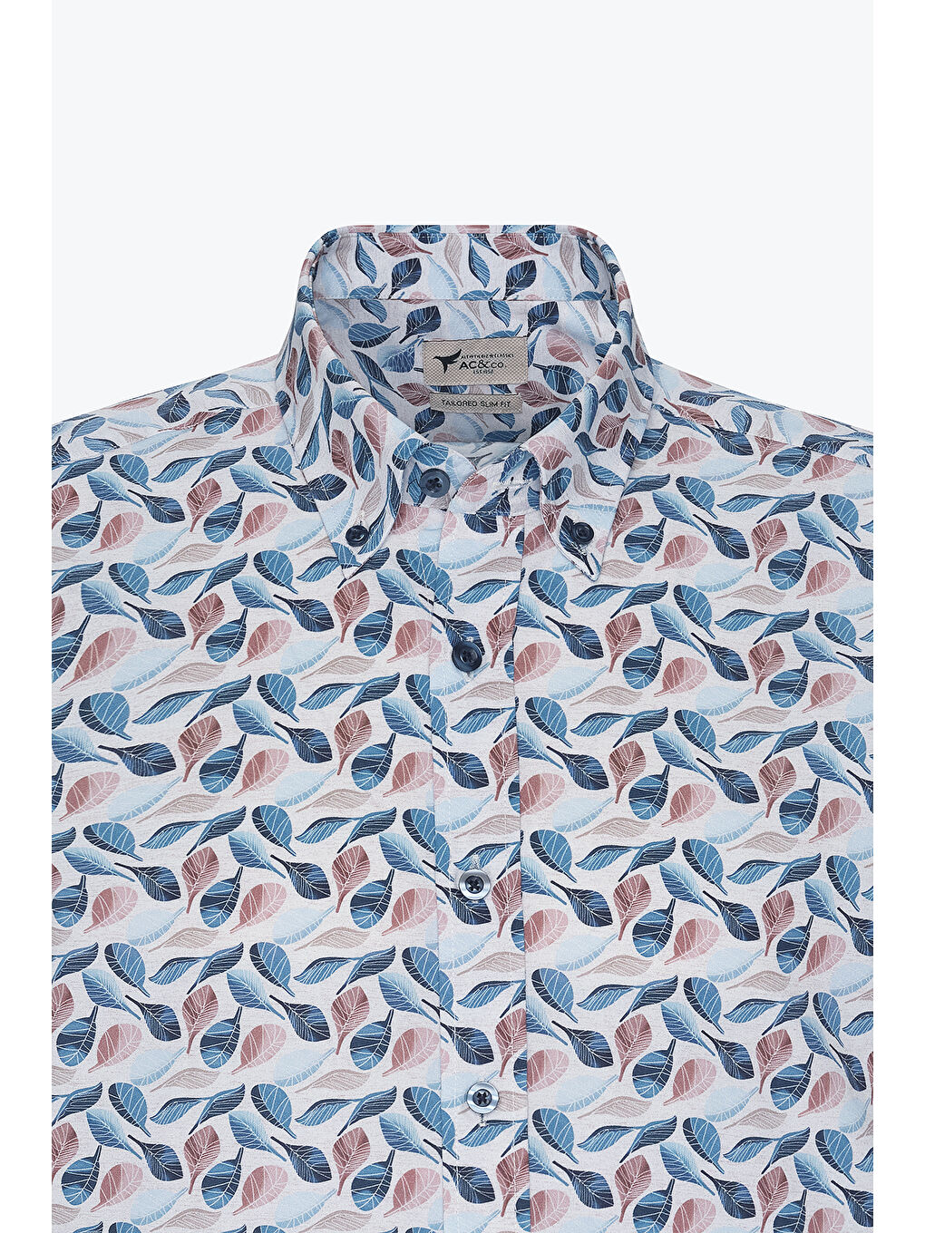 Erkek Bej-Mavi %100 Pamuk Dar Kesim Düğmeli Yaka Baskılı Gömlek-6