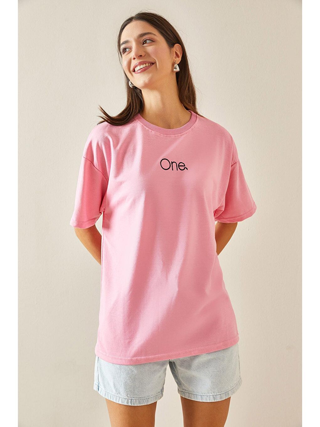 XHAN Pembe Bisiklet Yaka Yazılı Oversize Tshirt 5YXK1-48703-20 - 3