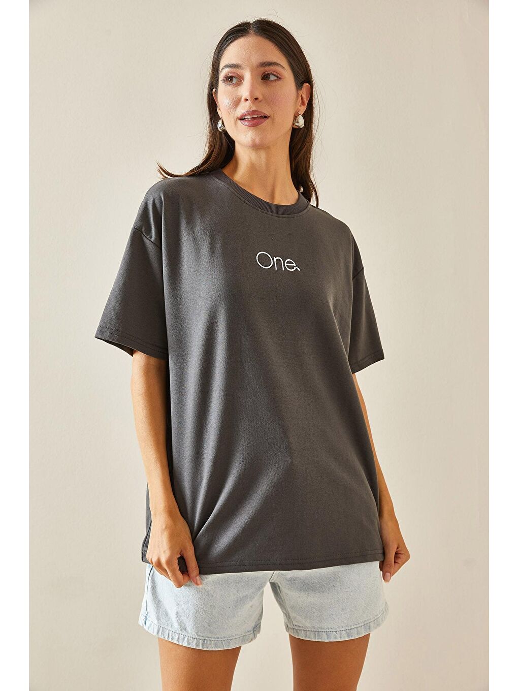 XHAN Antrasit Bisiklet Yaka Yazılı Oversize Tshirt 5YXK1-48703-36 - 1