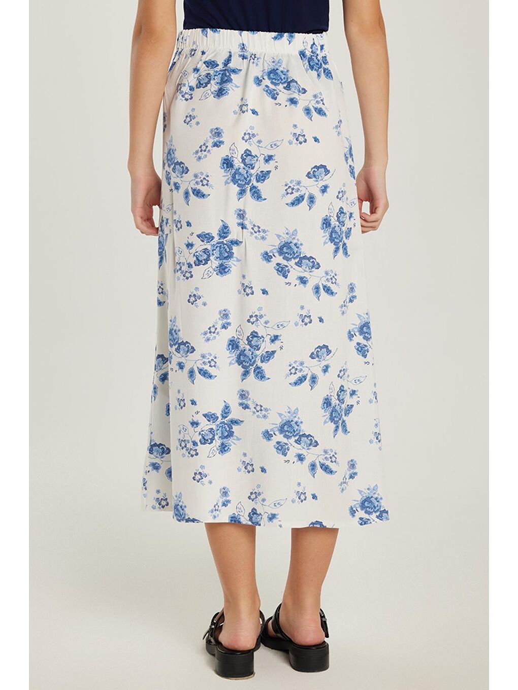 Karışık Kadın Standart Fit Düğmeli Viskon Lastikli Baskılı Midi Boy Etek-4