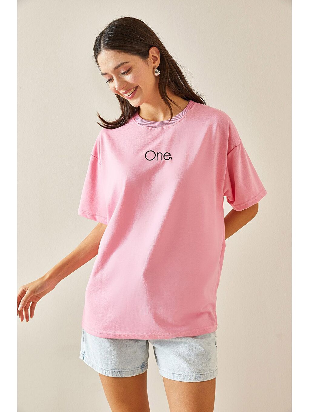 XHAN Pembe Bisiklet Yaka Yazılı Oversize Tshirt 5YXK1-48703-20 - 4