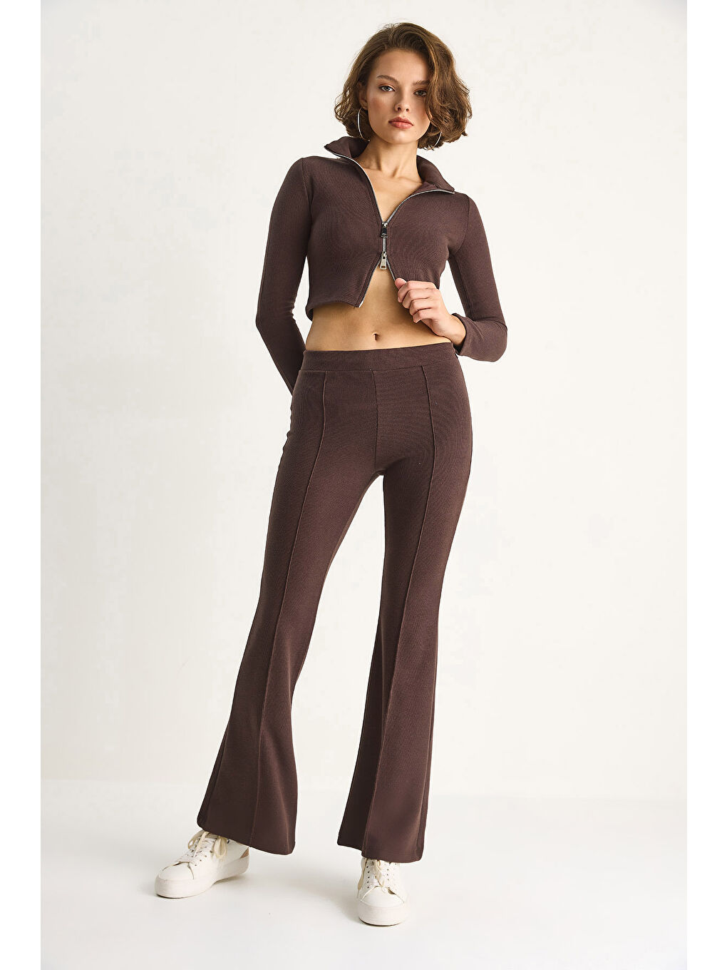 Kahverengi Kadın Fitilli Örme Kumaş Çift Fermuar Detaylı Balıkçı Yaka Alt-Üst Takım-4