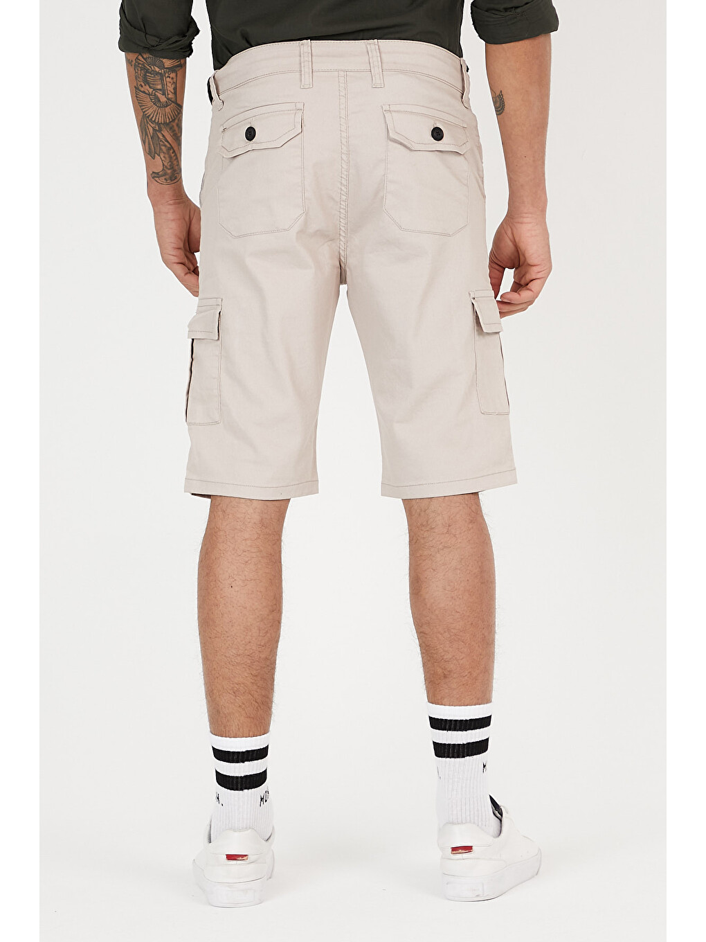 Bej None Denim Yandan Kargo Cepli Esnek Kumaş Erkek Kargo Şort Bermuda-4