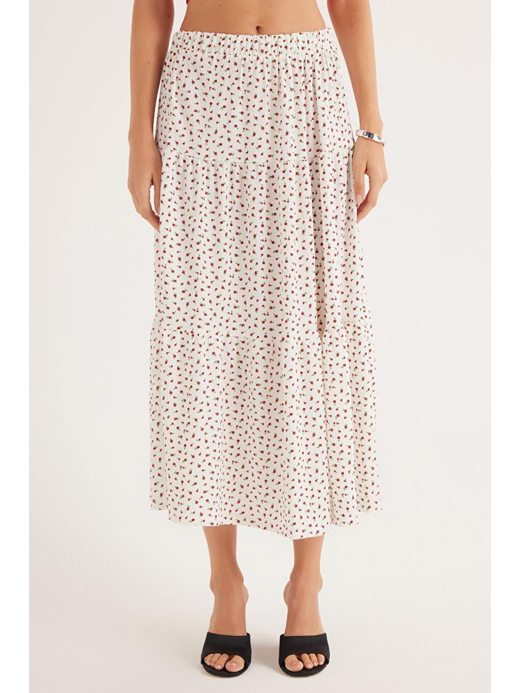 Karışık Kadın Standart Fit Beli Lastikli Baskılı Midi Boy Etek