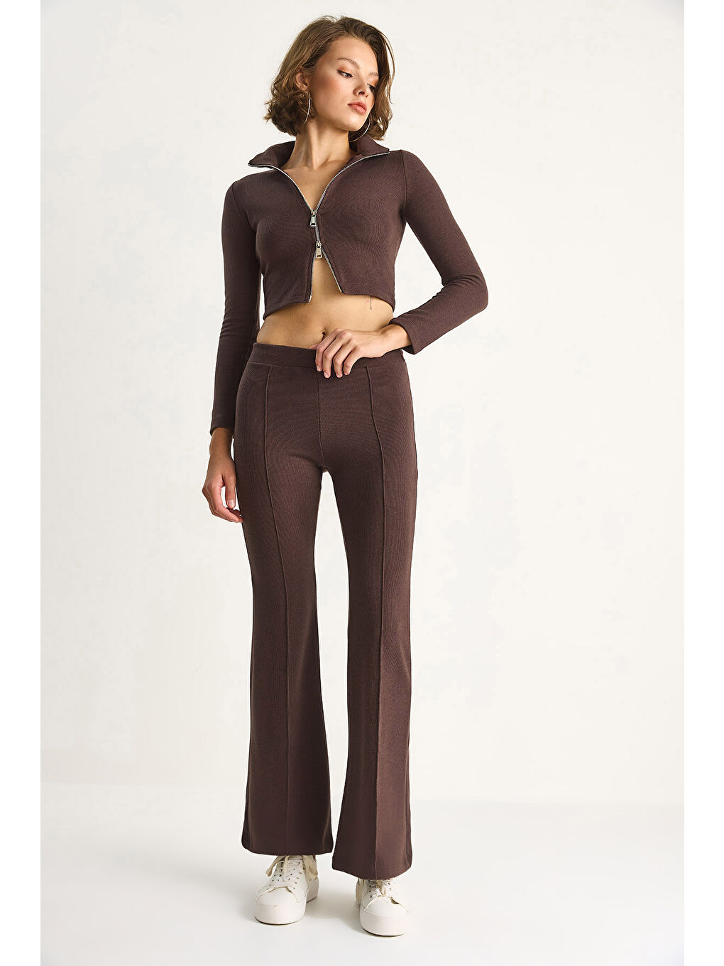 Kahverengi Kadın Fitilli Örme Kumaş Çift Fermuar Detaylı Balıkçı Yaka Alt-Üst Takım-5