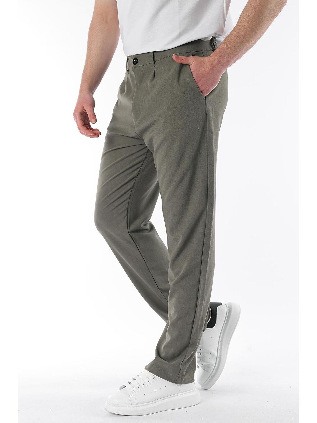 Haki Regular Fit Düz Kesim Yan Cepli Erkek Pantolon 6540-1