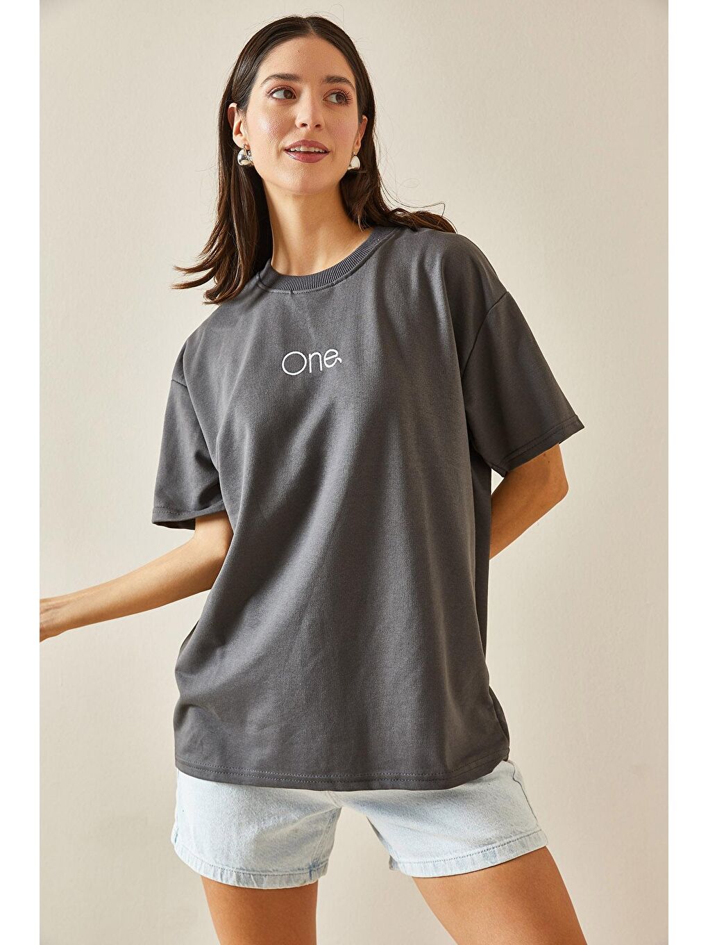 XHAN Antrasit Bisiklet Yaka Yazılı Oversize Tshirt 5YXK1-48703-36 - 3