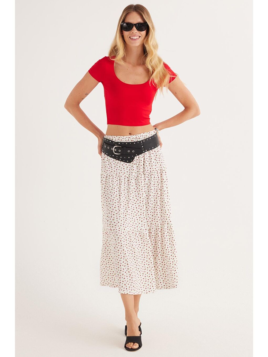 Karışık Kadın Standart Fit Beli Lastikli Baskılı Midi Boy Etek-1