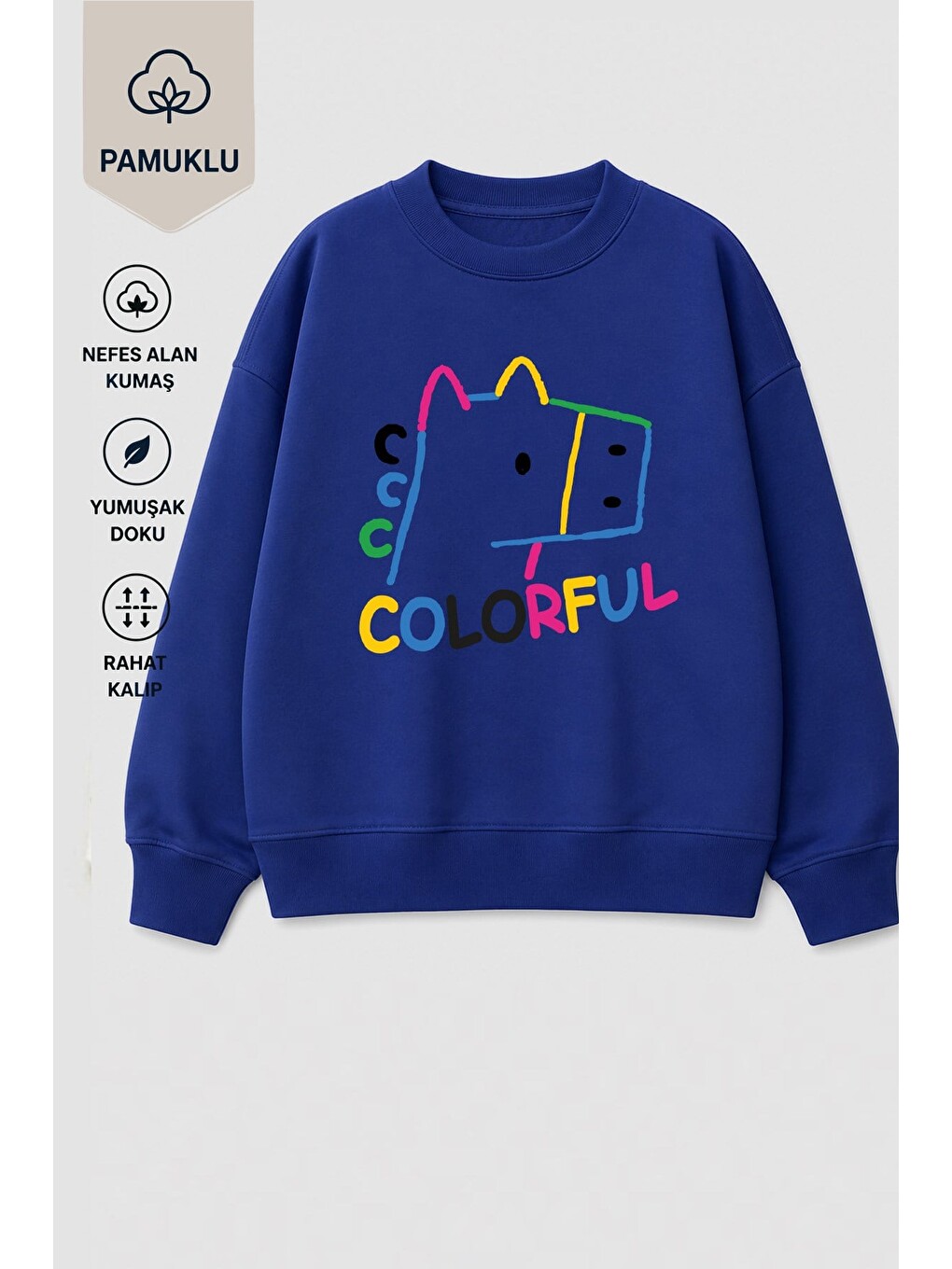 Lacivert Kız Çocuk 3 İplik Kumaş Pamuklu Baskılı Sweatshirt-1