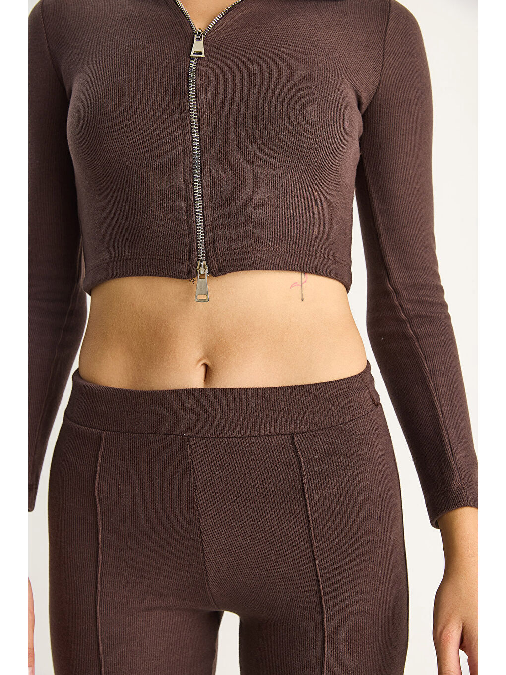 Kahverengi Kadın Fitilli Örme Kumaş Çift Fermuar Detaylı Balıkçı Yaka Alt-Üst Takım-6