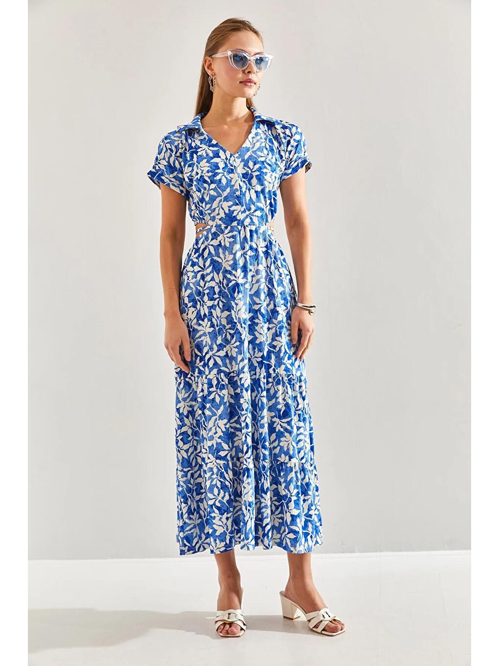 Mavi Kadın Bel Dekolteli Bağlamalı V Yaka Elbise 60171016