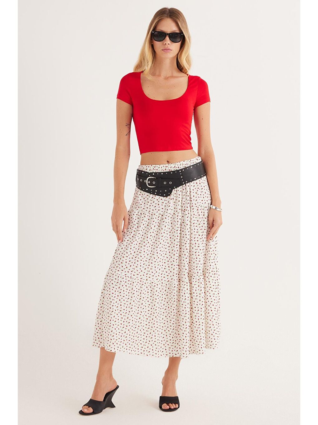 Karışık Kadın Standart Fit Beli Lastikli Baskılı Midi Boy Etek-3