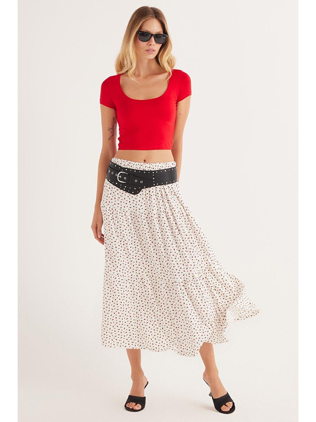 Karışık Kadın Standart Fit Beli Lastikli Baskılı Midi Boy Etek-4