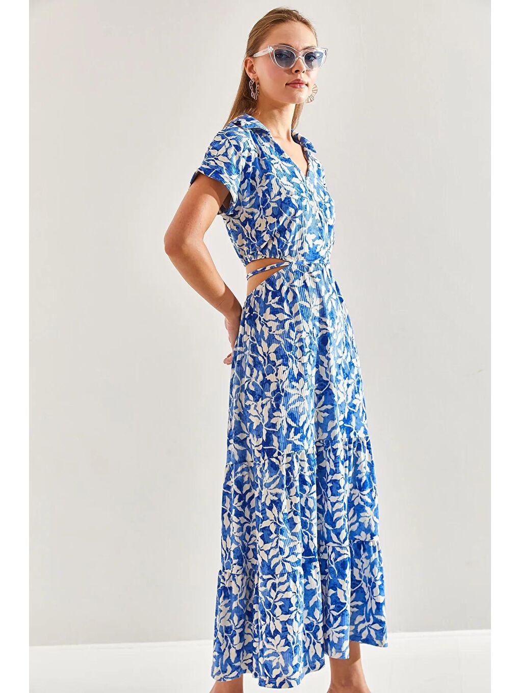 Mavi Kadın Bel Dekolteli Bağlamalı V Yaka Elbise 60171016-1