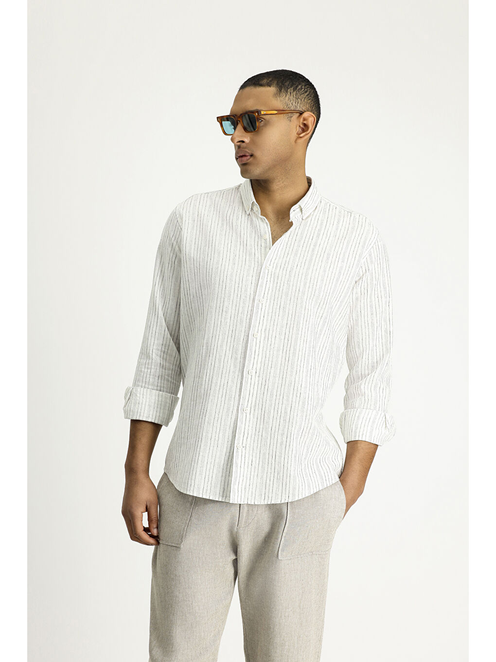 Gri Uzun Kol Slim Fit Dar Kesim Çizgili Spor Keten Karışımlı Pamuklu Düğmeli Yaka Gömlek-1