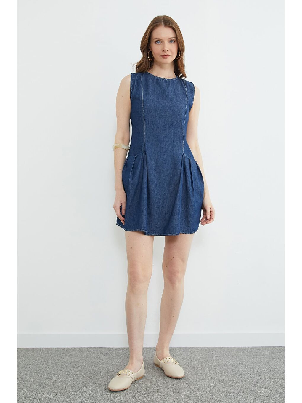 Lacivert Cepli Pileli Mini Boy Jean Elbise-3