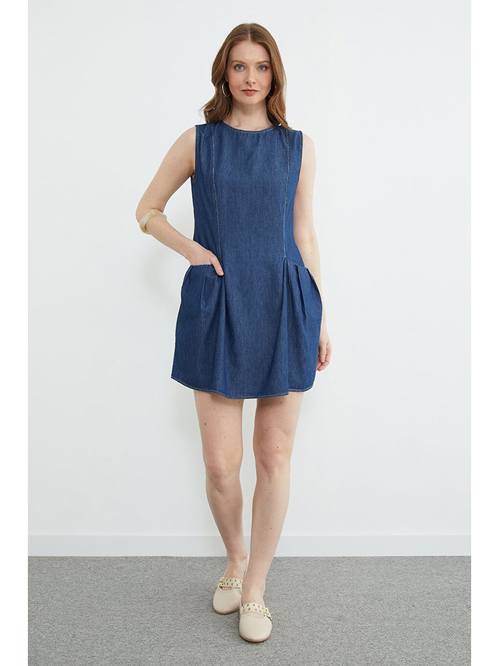 Lacivert Cepli Pileli Mini Boy Jean Elbise-4