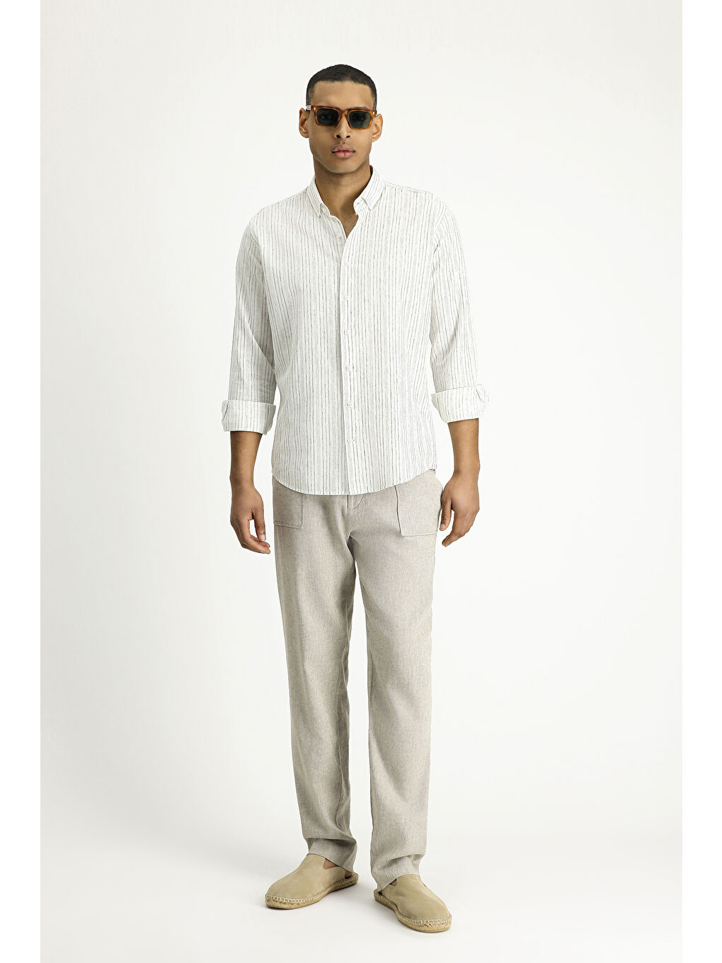 Gri Uzun Kol Slim Fit Dar Kesim Çizgili Spor Keten Karışımlı Pamuklu Düğmeli Yaka Gömlek-2