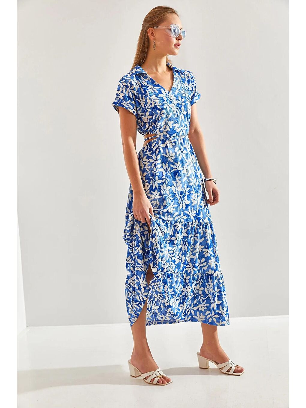 Mavi Kadın Bel Dekolteli Bağlamalı V Yaka Elbise 60171016-2