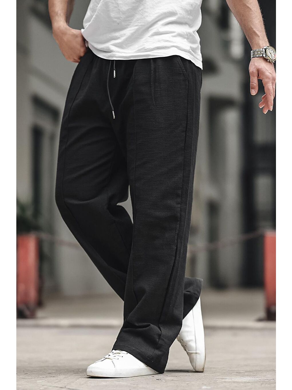 Siyah Erkek Rahat Kesim Keten %100 Pamuk Pantolon 6539