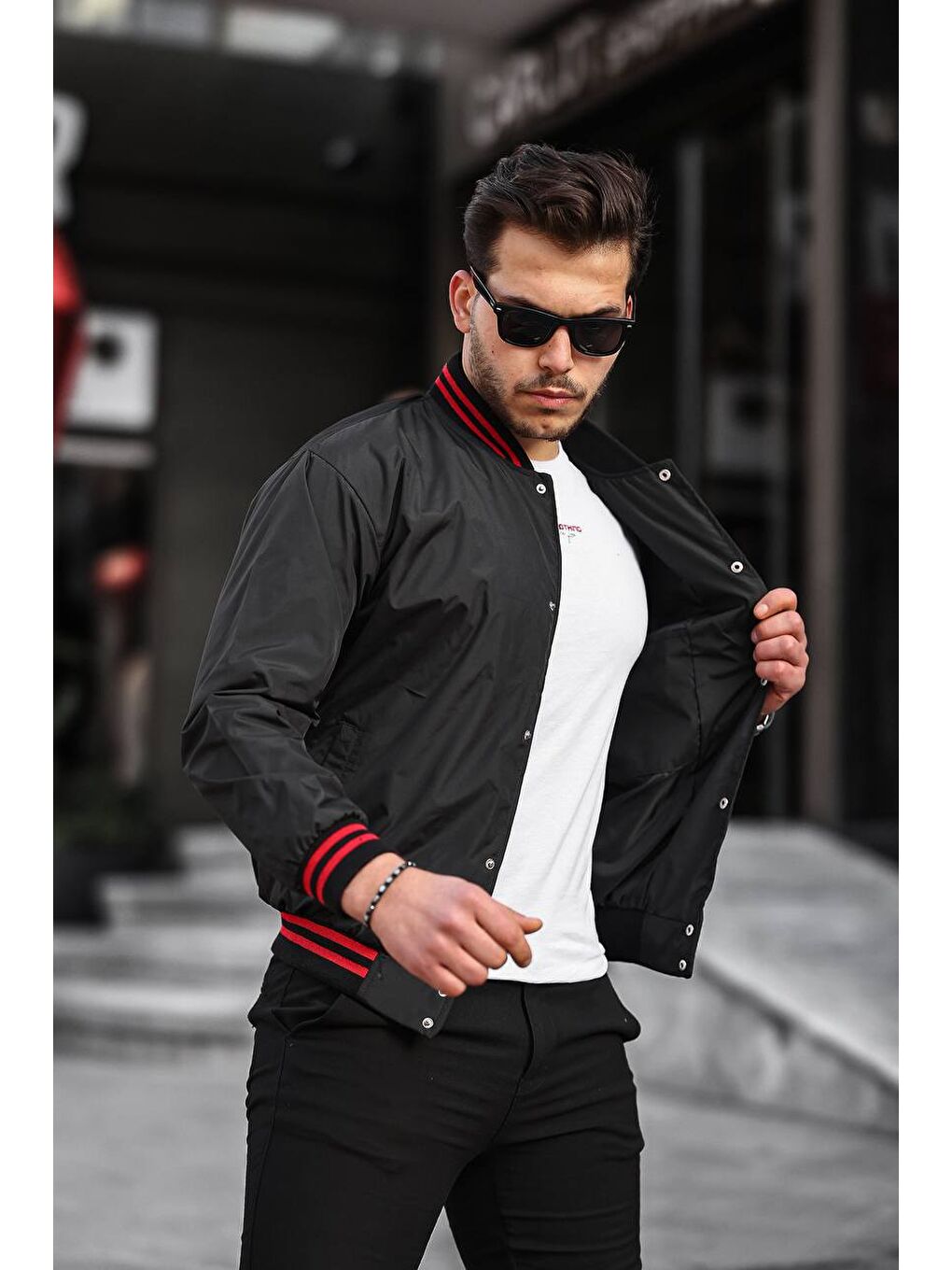 Erkek Baskılı Kapüşonlu Siyah Kolej Ceket-1